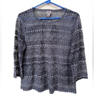 CHICO'S Easywear Gray Velvet
Burnout Top Blouse Semi Sheer
3/4 Sleeve